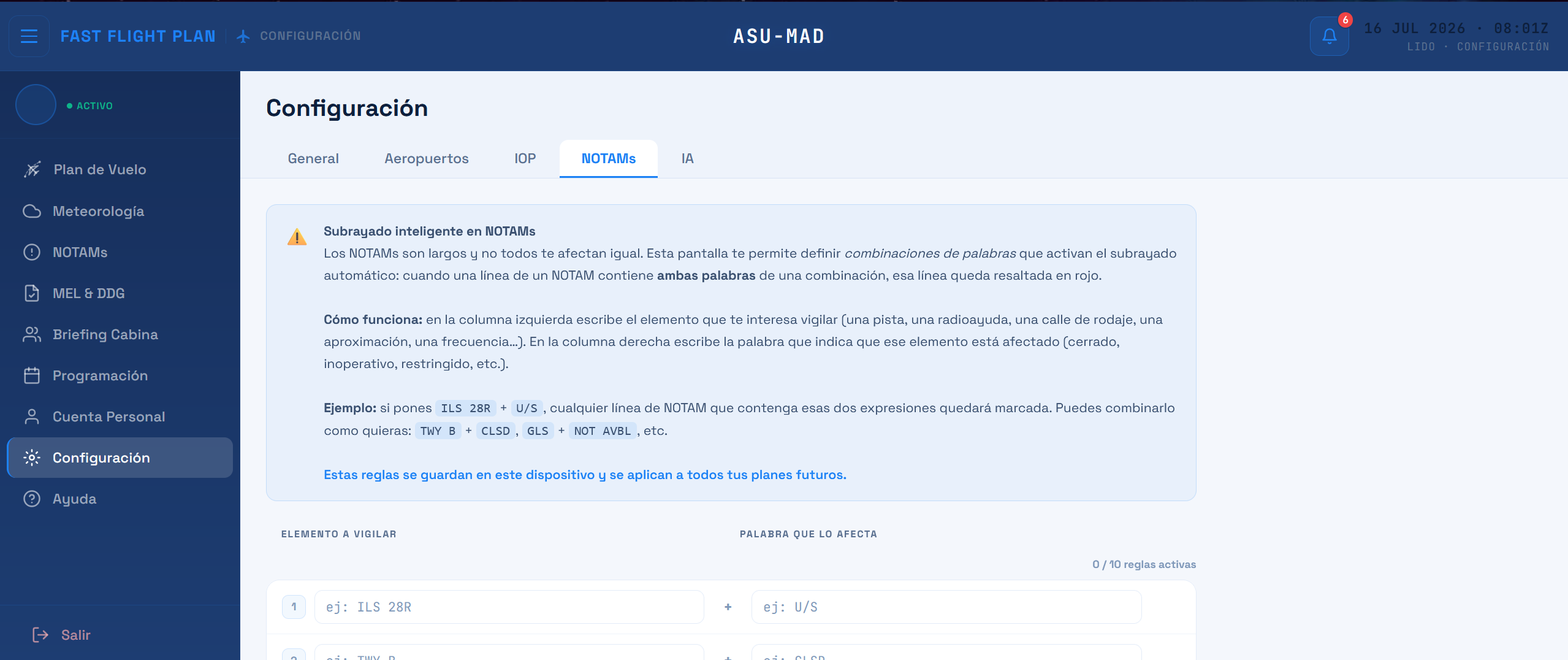 Configuración NOTAMs